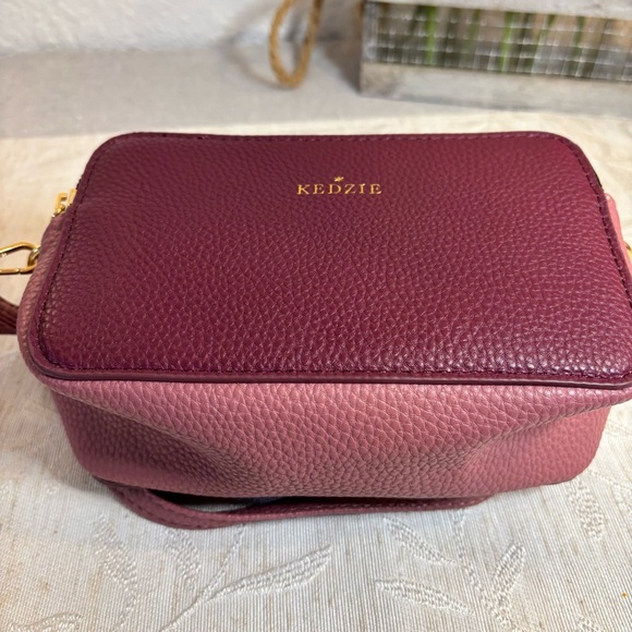 Kedzie Modernist Vegan Leather Double Zipper Small Crossbody. Wine color. - Picture 7 of 11